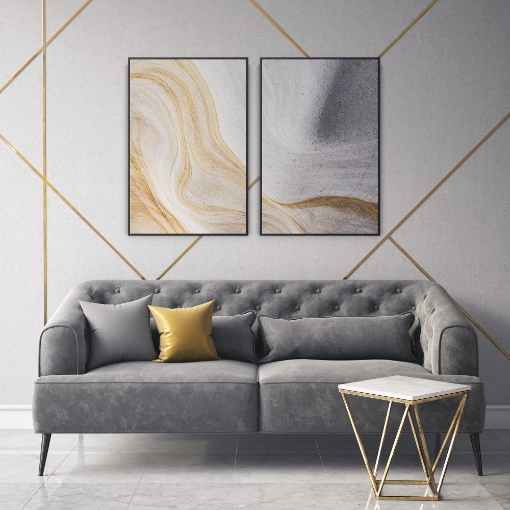 Quadro decorativo abstrato dourado e prateado - com 2 quadros
