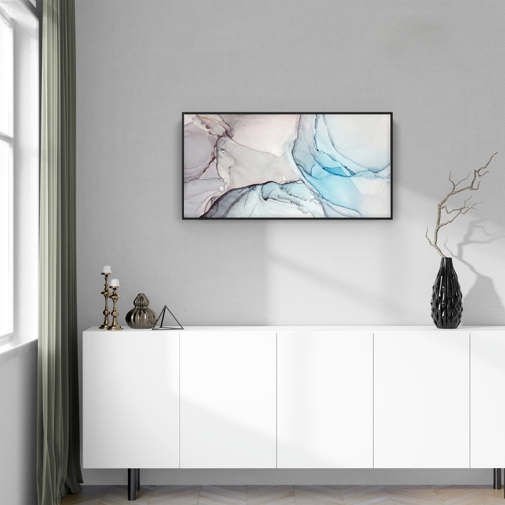 Quadro decorativo abstrato azul e cinza - versão panorâmica