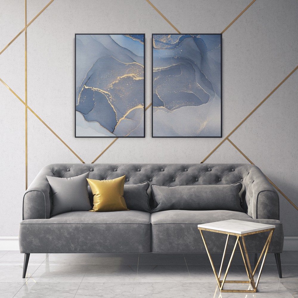 Quadro decorativo abstrato azul e dourado - com 2 quadros