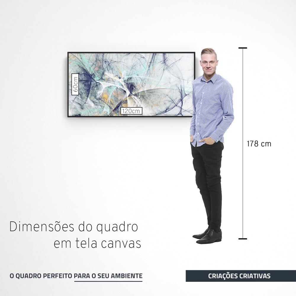 Quadro decorativo arte fractal Azul amarelo e branco - versão panorâmica