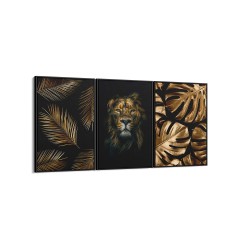 Quadro decorativo leão e folhagem savana - com 3 quadros