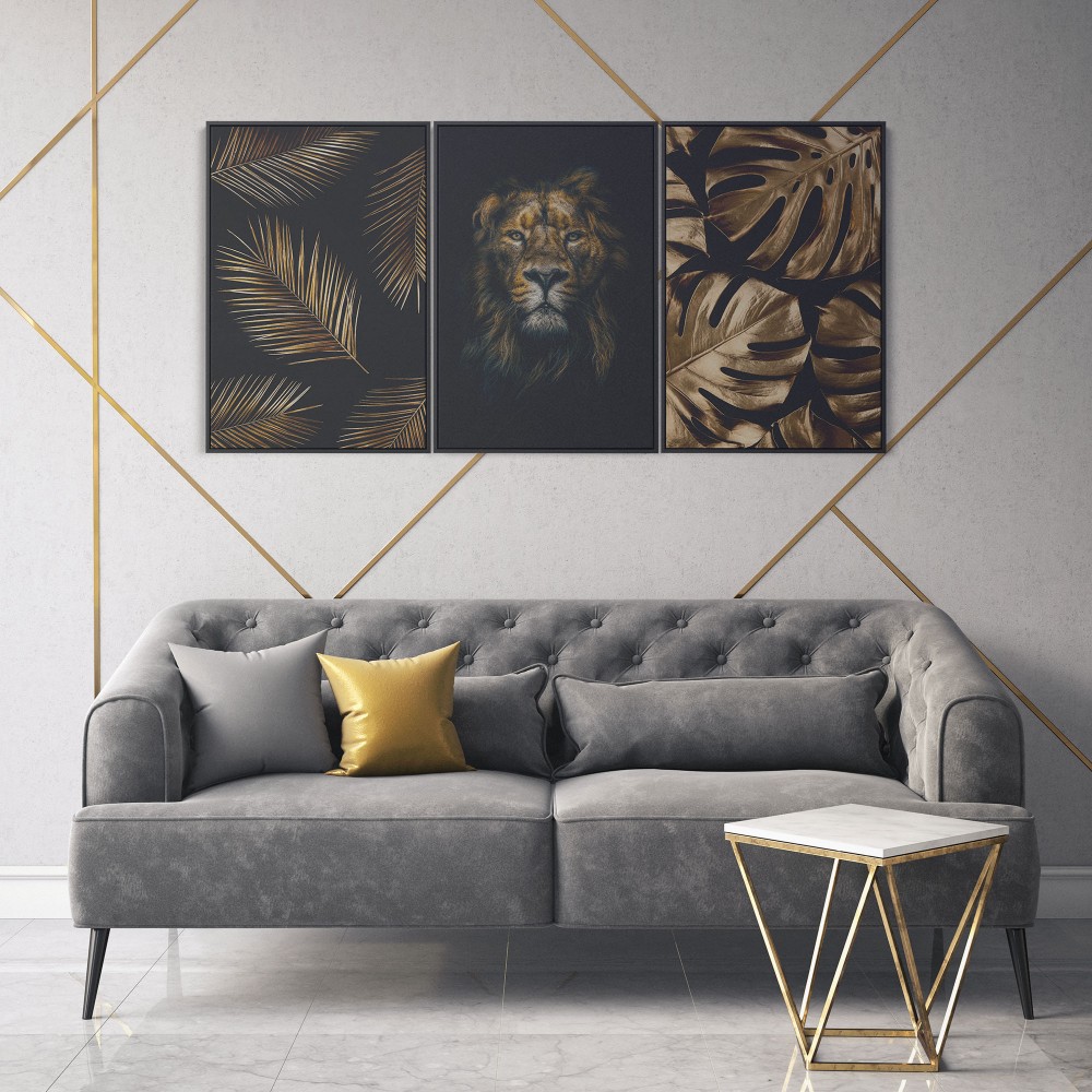 Quadro decorativo leão e folhagem savana - com 3 quadros