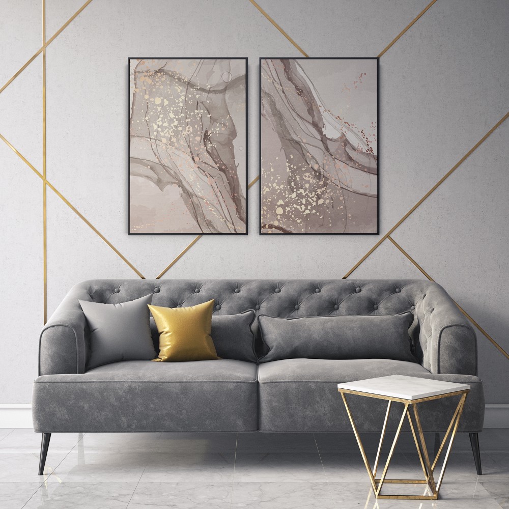 Quadro decorativo abstrato bege e dourado - com 2 quadros
