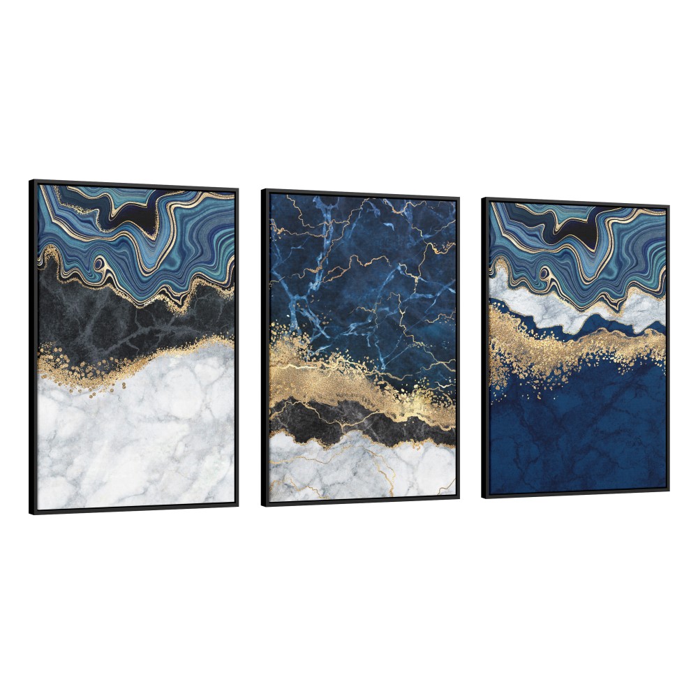 Quadro decorativo Abstrato Azul Branco Preto e Dourado - com 3 quadros