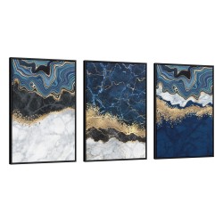Quadro decorativo Abstrato Azul Branco Preto e Dourado - com 3 quadros Quadro decorativo Abstrato Azul Branco Preto e Dourado - com 3 quadros