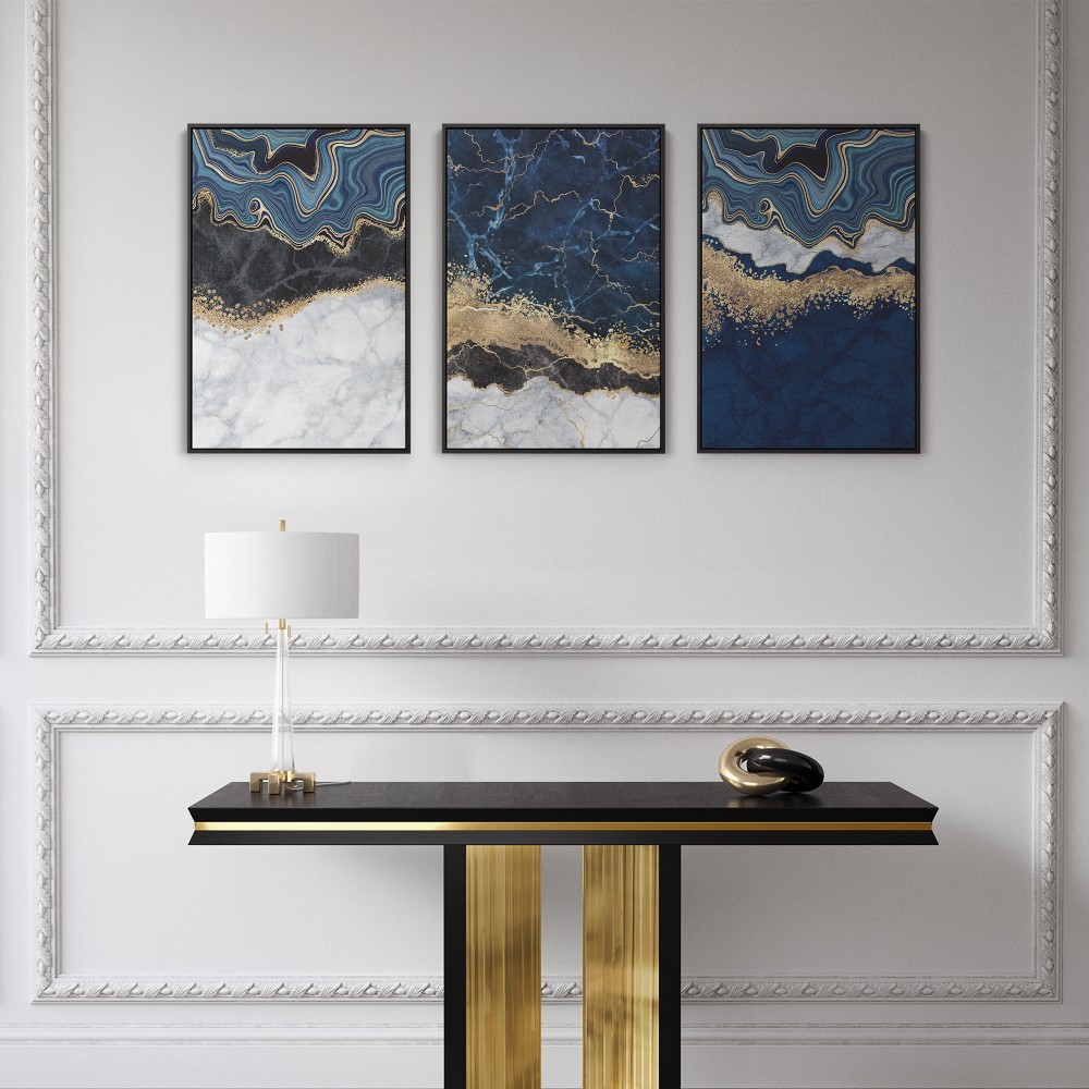 Quadro decorativo Abstrato Azul Branco Preto e Dourado - com 3 quadros