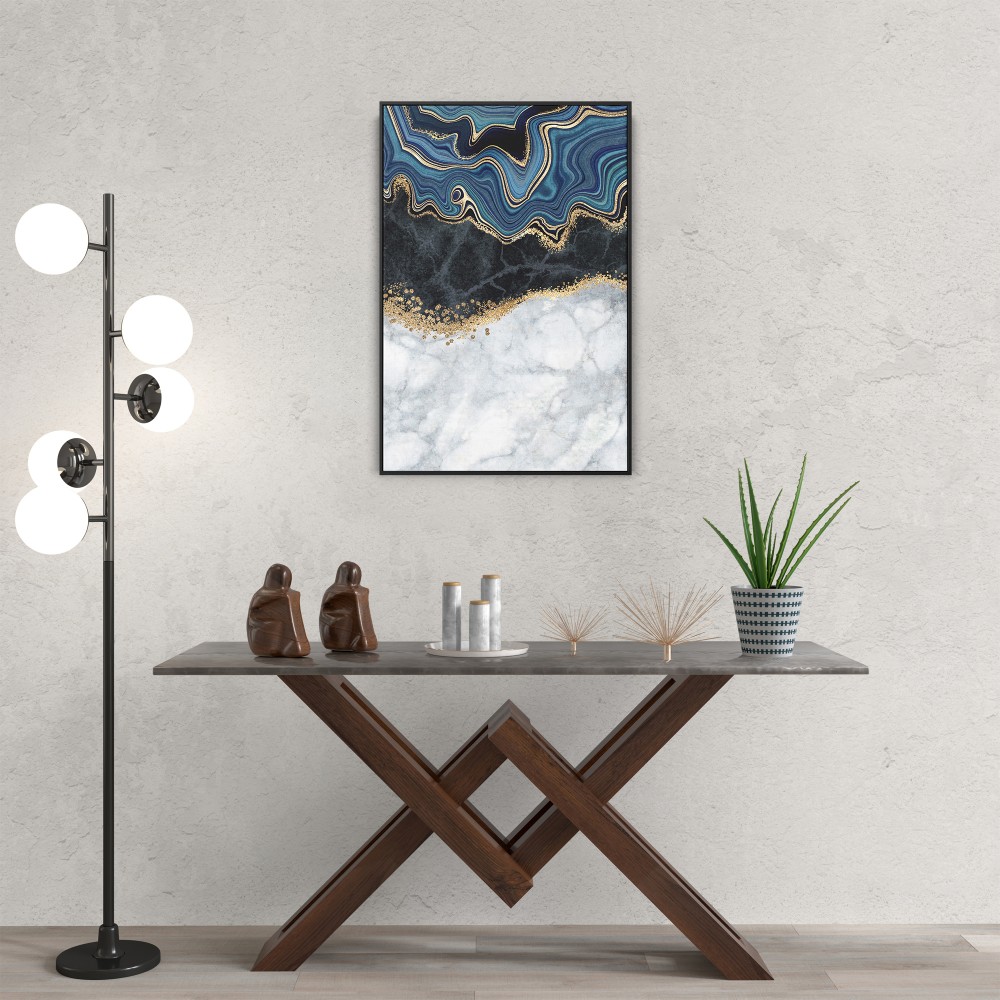 Quadro decorativo abstrato azul bege cinza e branco