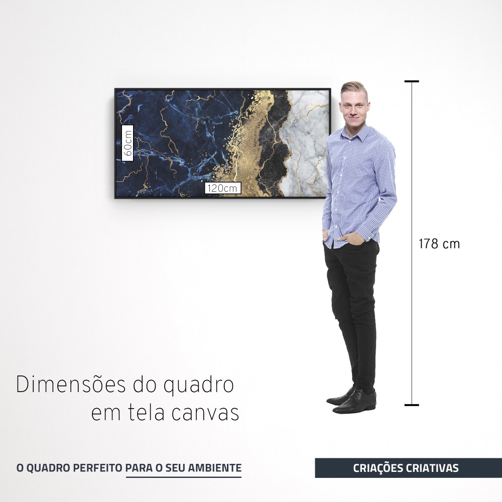 Quadro decorativo abstrato azul dourado preto e branco - versão panorâmica