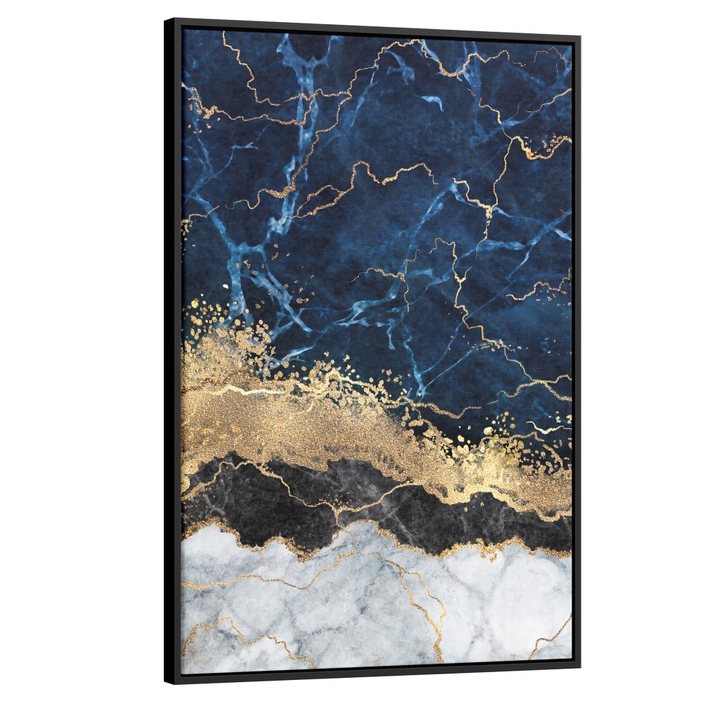 Quadro decorativo abstrato azul dourado preto e branco