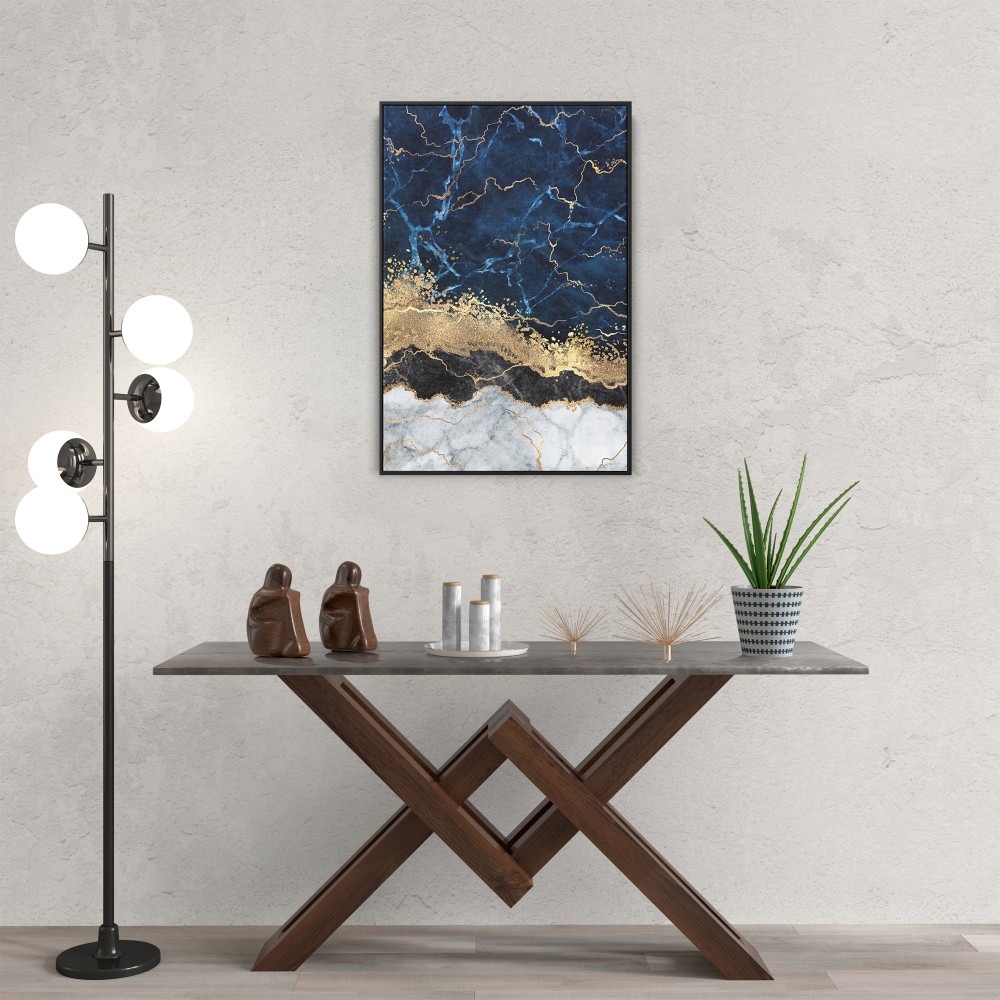 Quadro decorativo abstrato azul dourado preto e branco