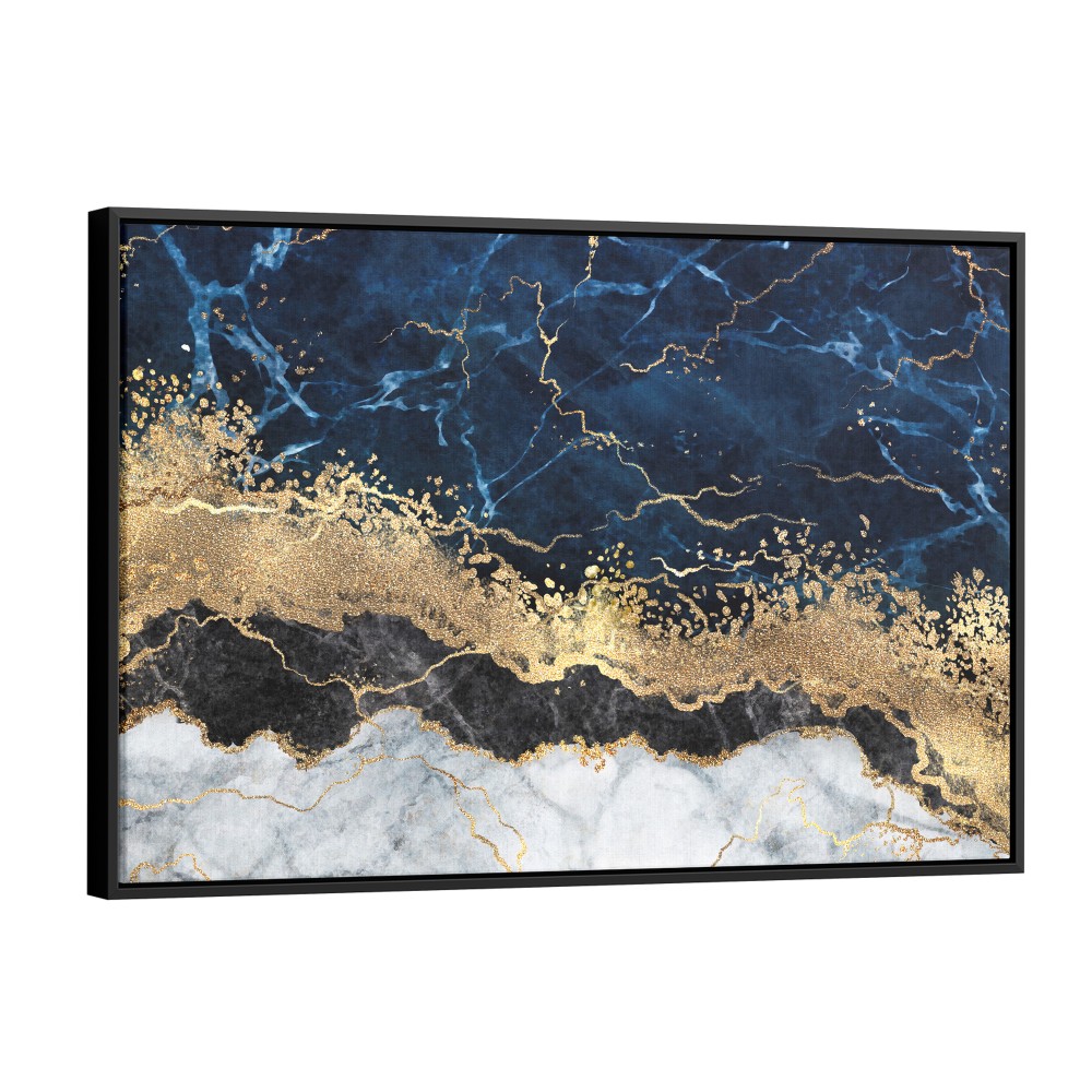 Quadro decorativo abstrato azul dourado preto e branco - versão paisagem