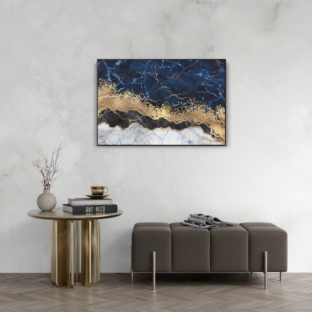 Quadro decorativo abstrato azul dourado preto e branco - versão paisagem