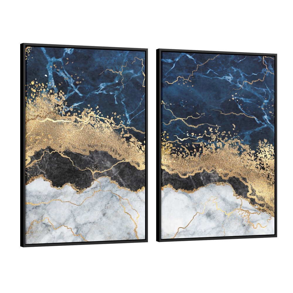 Quadro decorativo abstrato azul dourado preto e branco - com 2 quadros