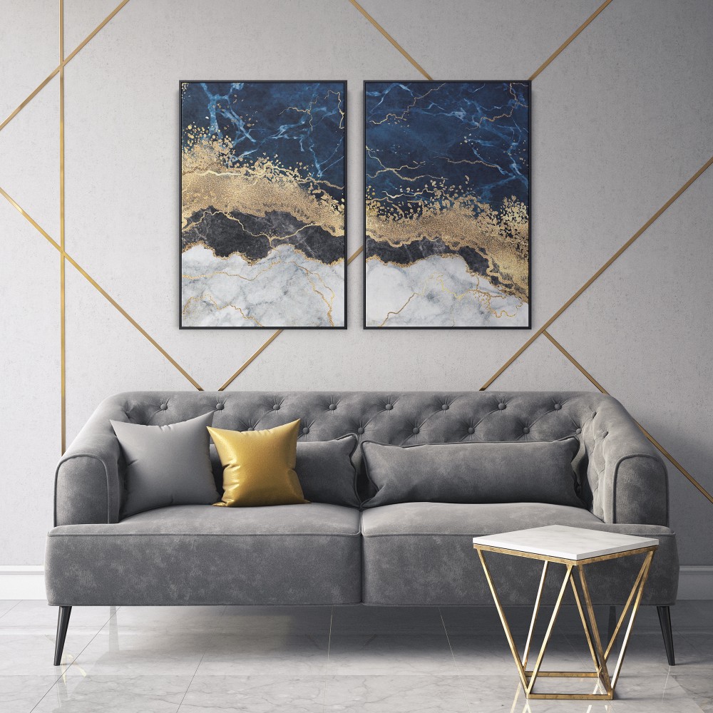 Quadro decorativo abstrato azul dourado preto e branco - com 2 quadros