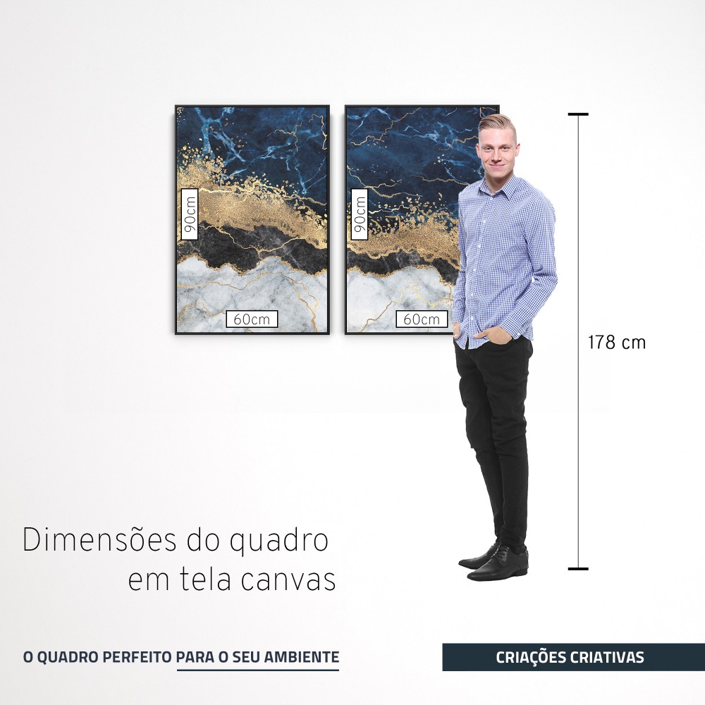 Quadro decorativo abstrato azul dourado preto e branco - com 2 quadros