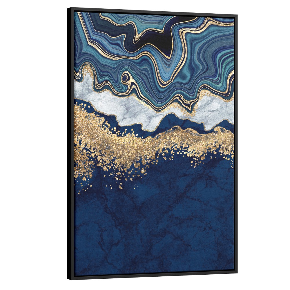 Quadro decorativo abstrato azul branco e dourado