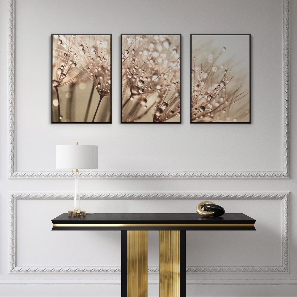 Quadro decorativo Dente de leão com orvalho sobre fundo champagne - com 3 quadros