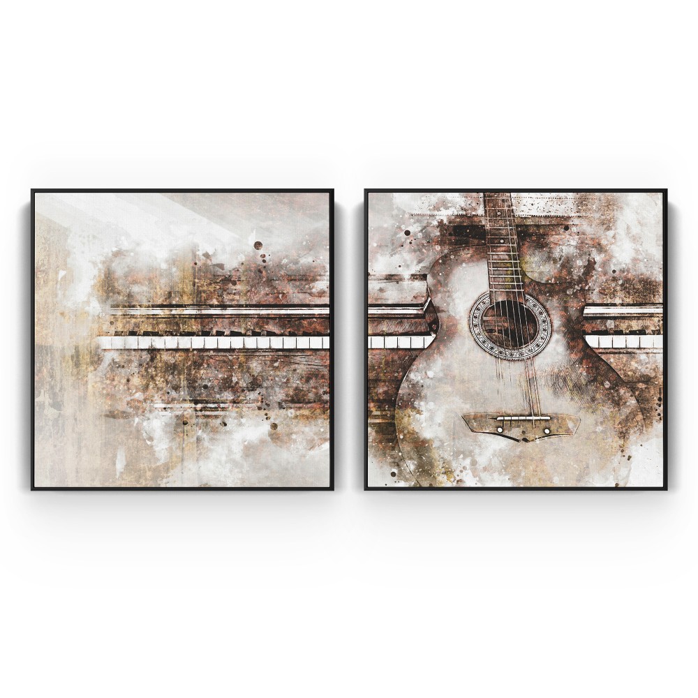 Quadro decorativo Violão e Piano Noir - com 2 quadros quadrados