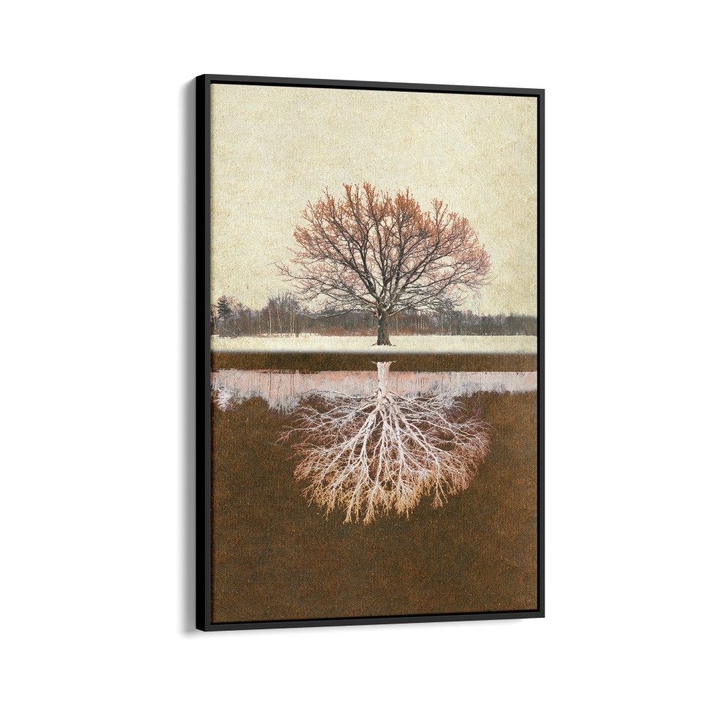 Quadro decorativo árvore estilizada e espelhada com fundo marrom