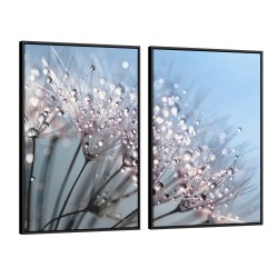 Quadro decorativo dente de leão com orvalho sobre fundo azul - com 2 quadros