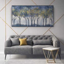 Quadro decorativo floresta em azul com detalhes em amarelo - versão panorâmica Quadro decorativo floresta em azul com detalhes em amarelo - versão panorâmica