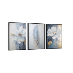 Quadro decorativo Trio Flores e pena abstratas Quadro decorativo Trio Flores e pena abstratas