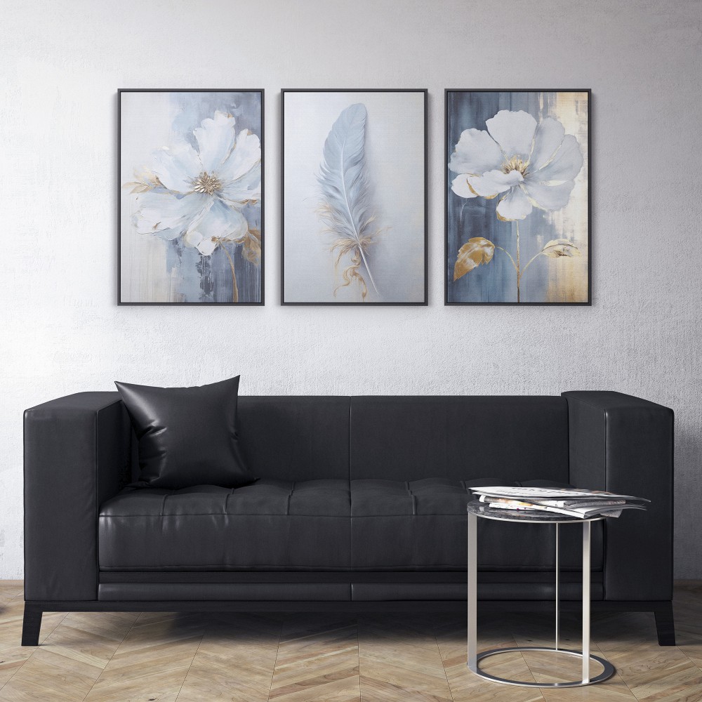 Quadro decorativo Trio Flores e pena abstratas