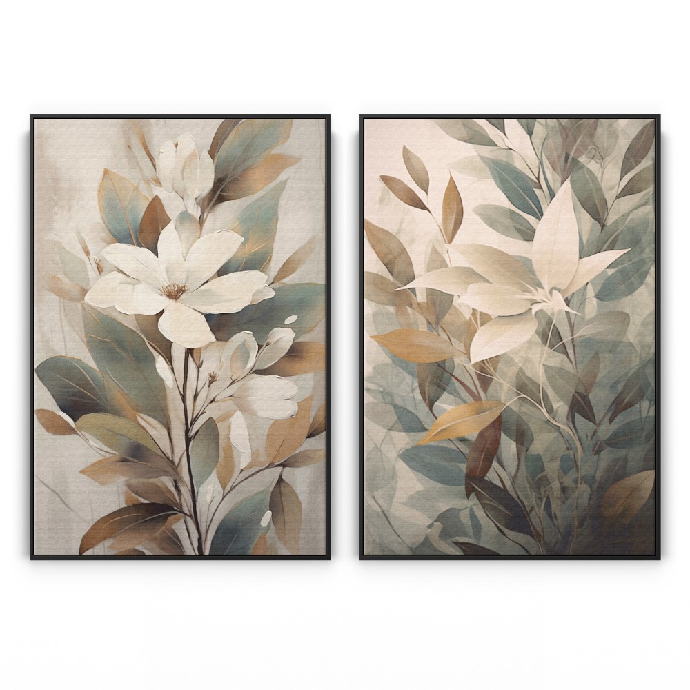 Quadro decorativo Duo pintura floral branco verde e bege