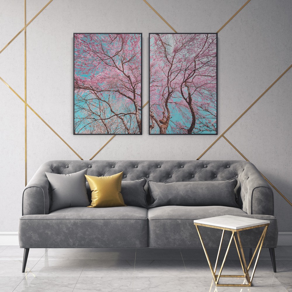 Quadro decorativo Cerejeiras sob céu azul - com 2 quadros