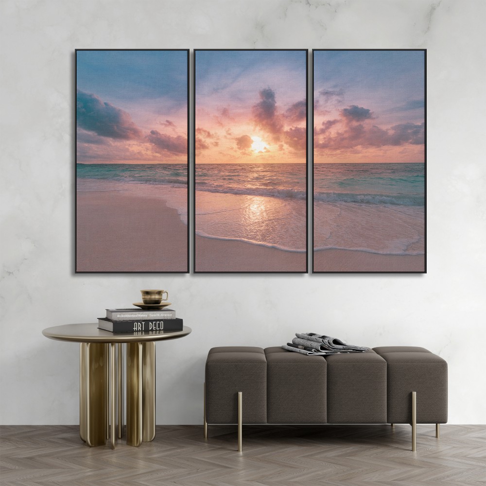 Quadro decorativo Reflexos do Crepúsculo na Praia - com 3 quadros