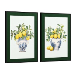 Quadro decorativo Duo Vasos Azuis e Limões Vintage 
