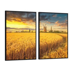 Quadro decorativo Moinho de vento em campo de trigo - com 2 quadros
